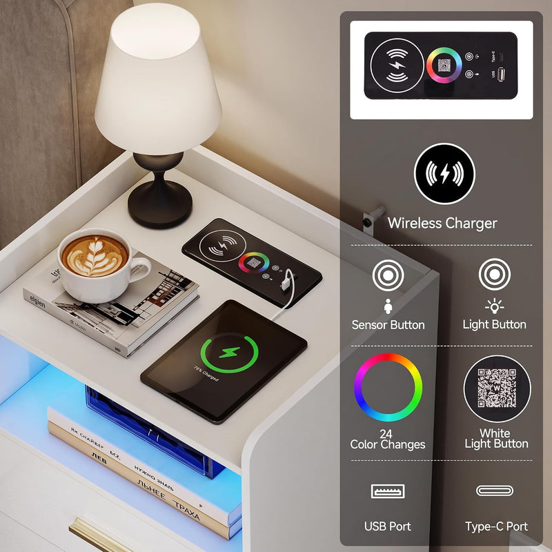 Bedside Tables with Wireless Charging Station and LED (Set of 2)
