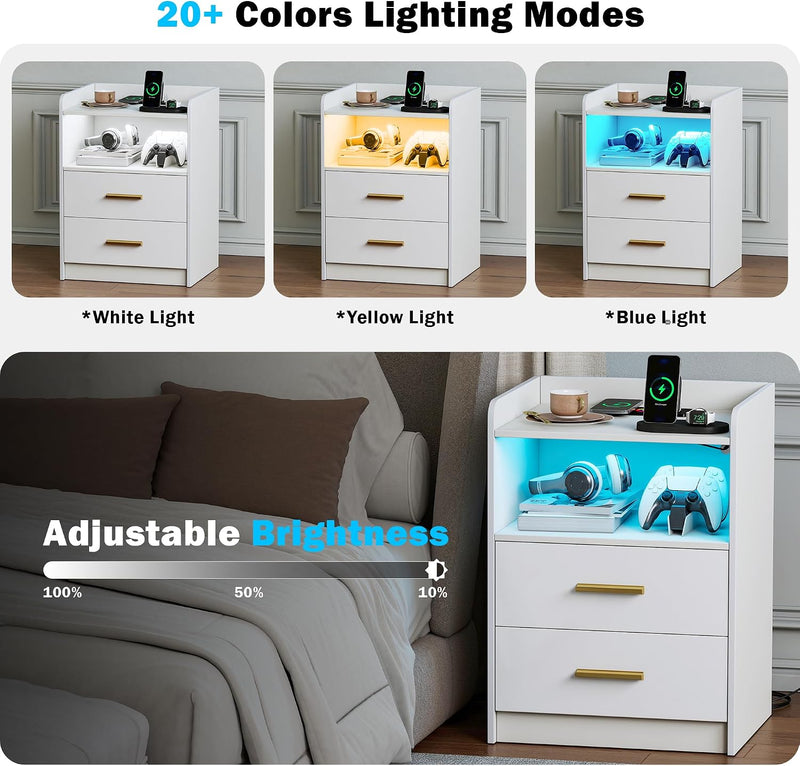 Bedside Tables with Wireless Charging Station and LED (Set of 2)