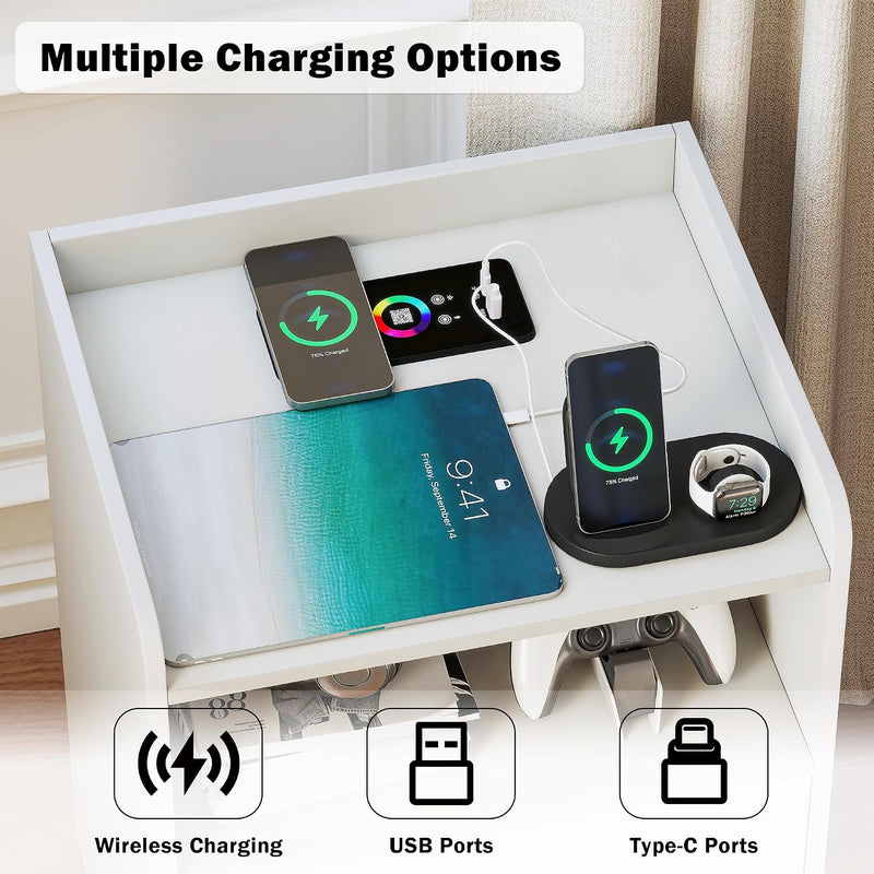 Bedside Tables with Wireless Charging Station and LED (Set of 2)