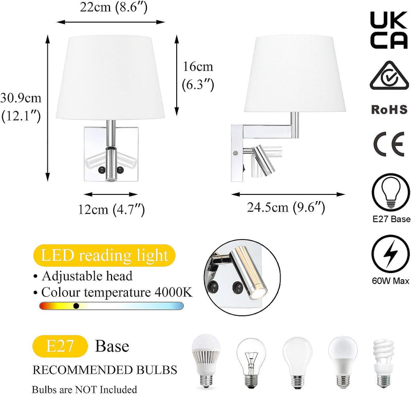Bedside Wall Light with USB on Off Switch