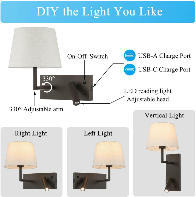 Bedside Wall Light with USB on Off Switch