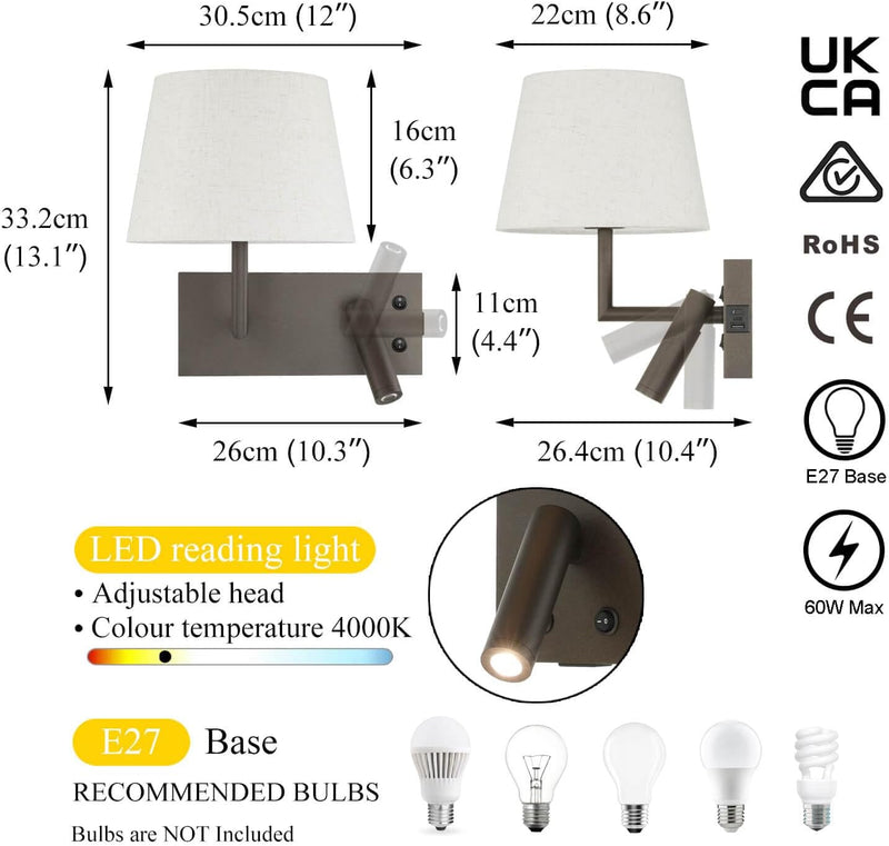 Bedside Wall Light with USB on Off Switch