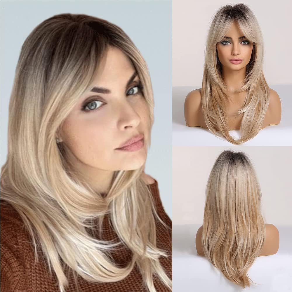 Blonde Wig for Women Long Layered with Fringe