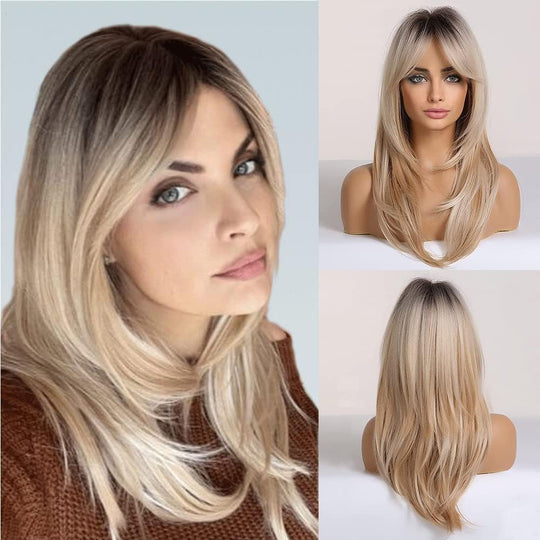 Blonde Wig for Women Long Layered with Fringe