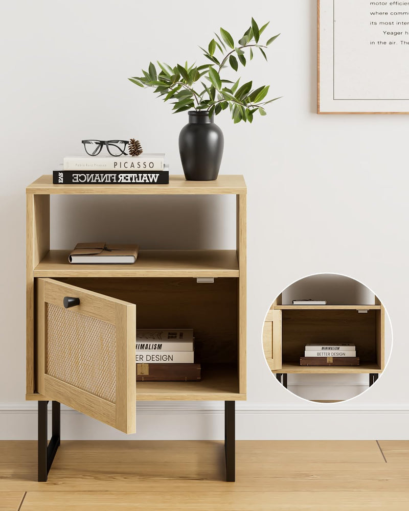 Boho Bedside Table Night Stand Rattan Wood Nightstand