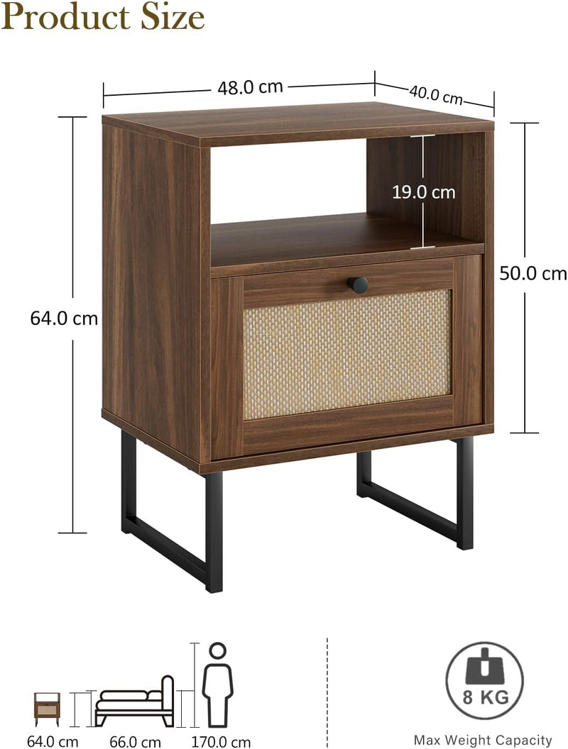 Boho Bedside Table Night Stand Rattan Wood Nightstand