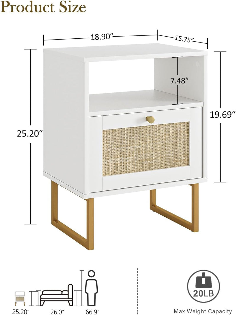 Boho Bedside Table Night Stand Rattan Wood Nightstand