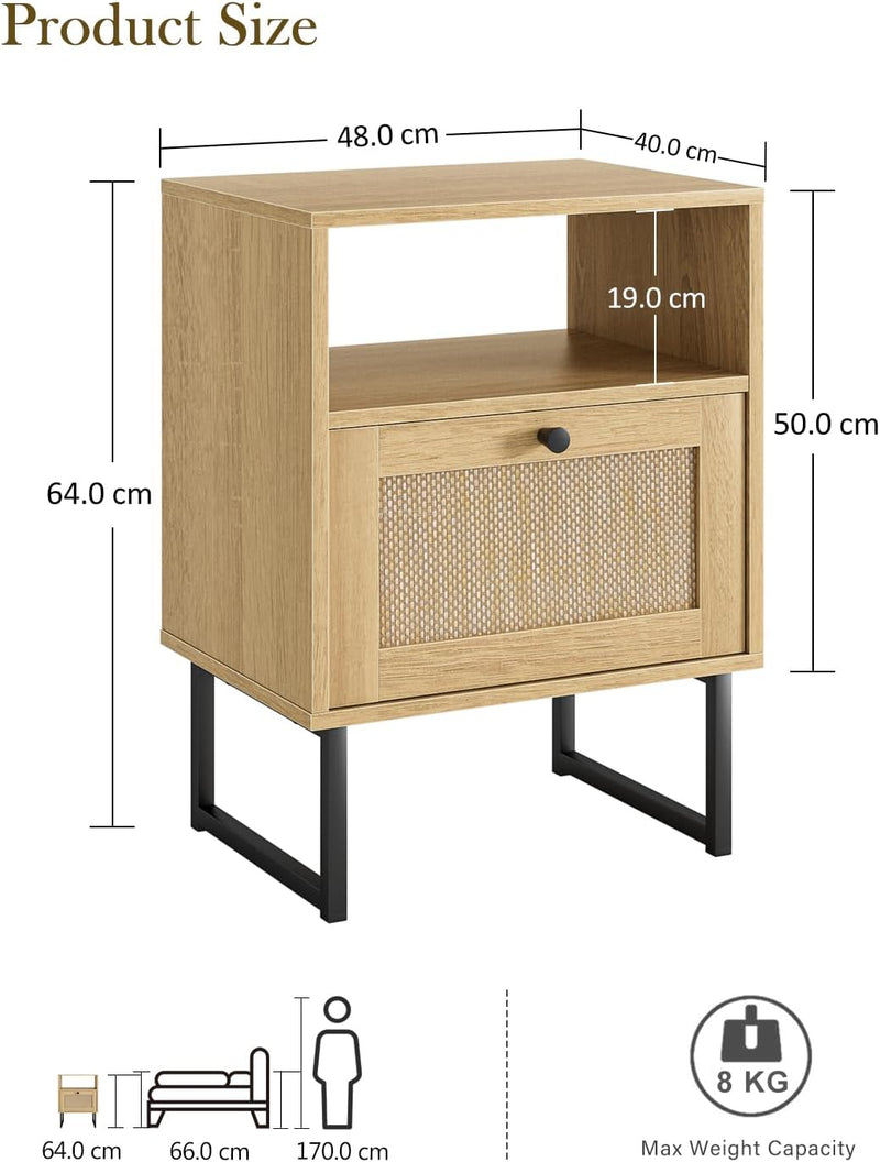 Boho Bedside Table Night Stand Rattan Wood Nightstand