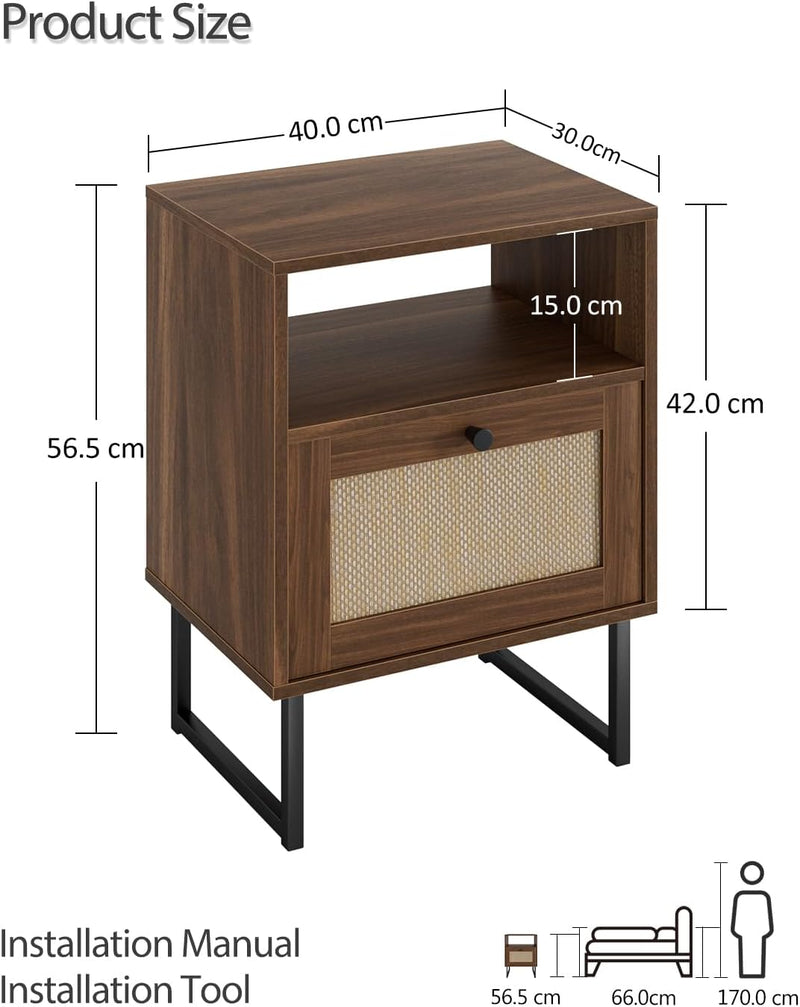 Boho Bedside Table Night Stand Rattan Wood Nightstand