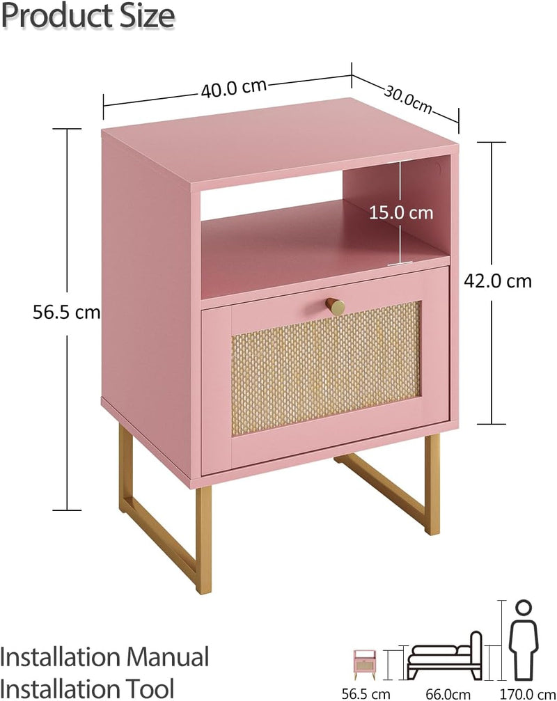 Boho Bedside Table Night Stand Rattan Wood Nightstand