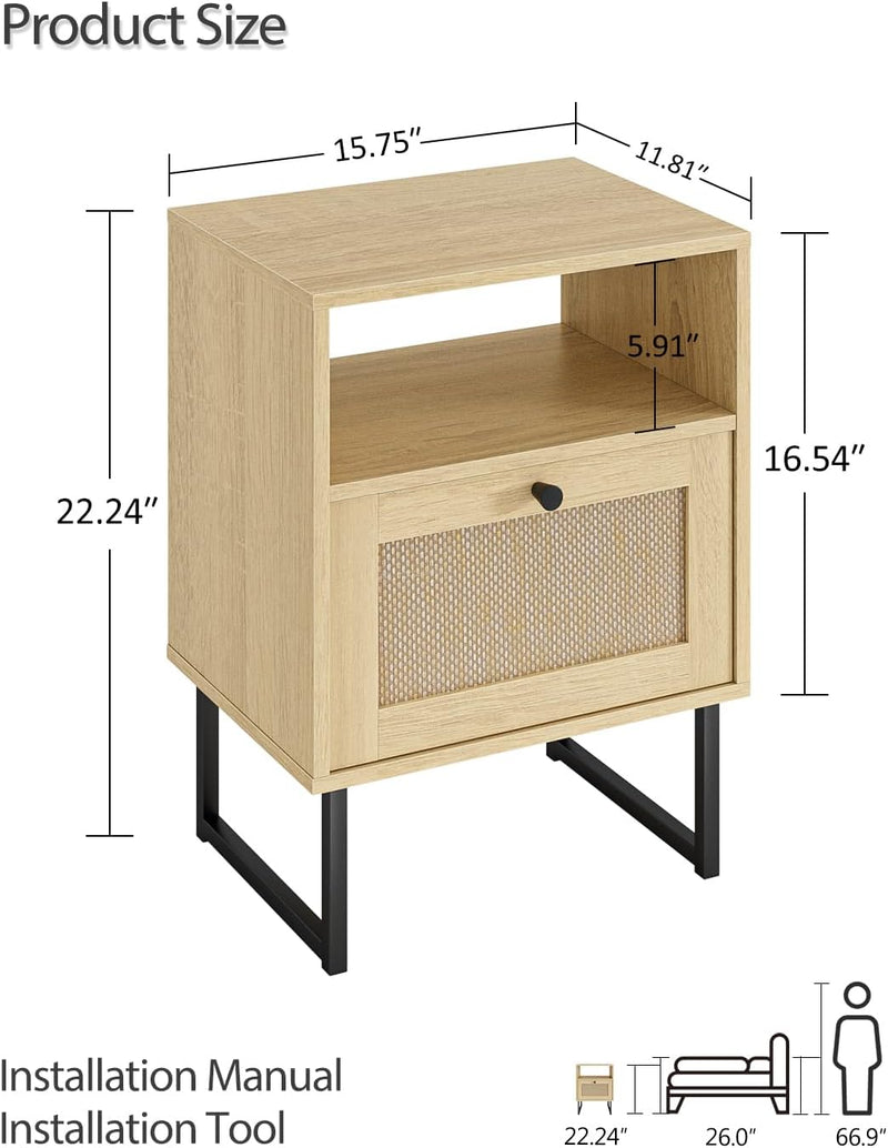 Boho Bedside Table Night Stand Rattan Wood Nightstand
