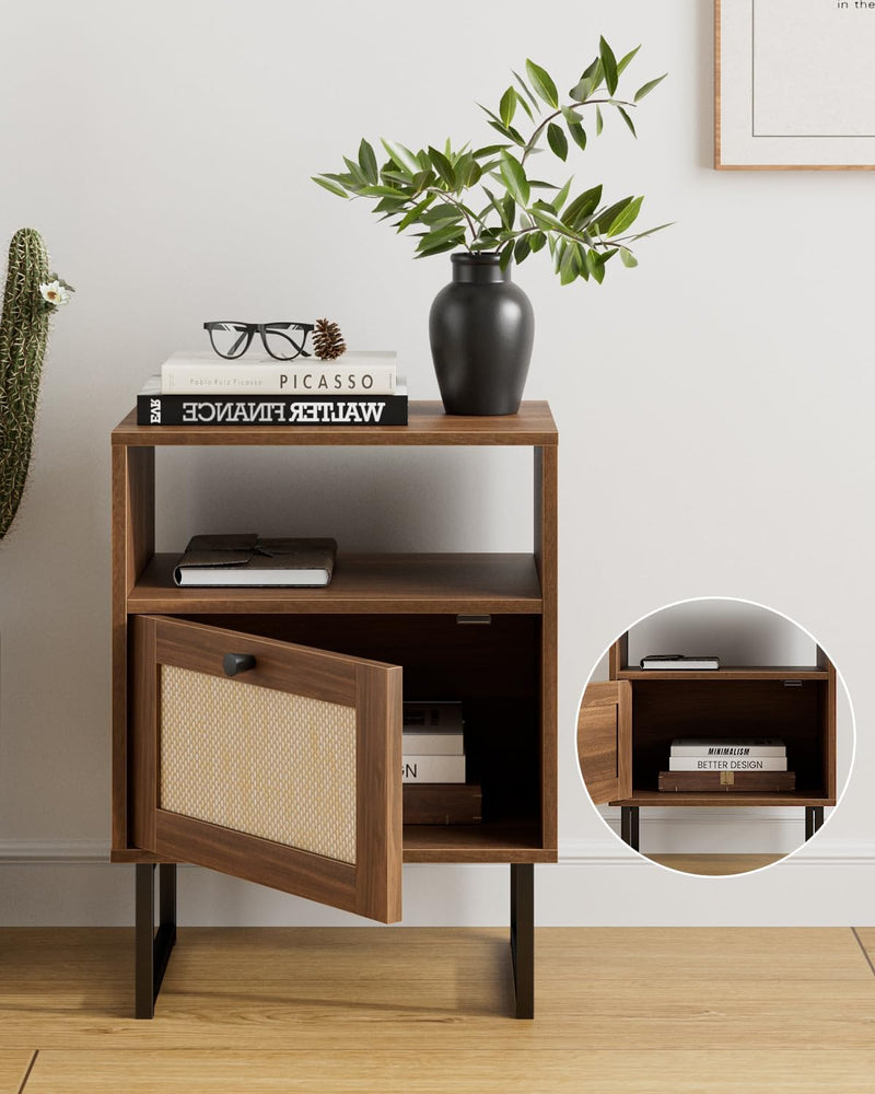 Boho Bedside Table Night Stand Rattan Wood Nightstand