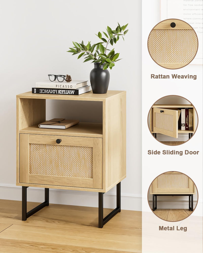 Boho Bedside Table Night Stand Rattan Wood Nightstand