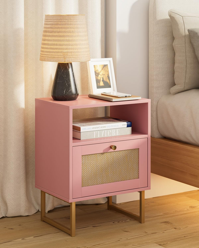 Boho Bedside Table Night Stand Rattan Wood Nightstand