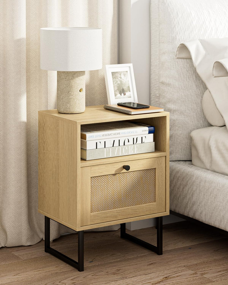 Boho Bedside Table Night Stand Rattan Wood Nightstand