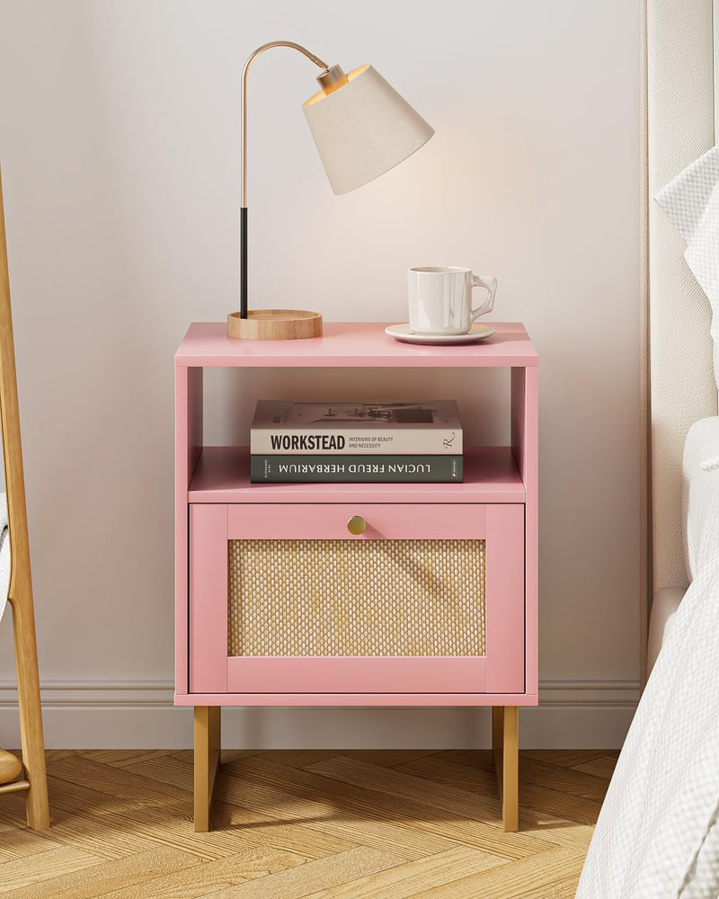 Boho Bedside Table Night Stand Rattan Wood Nightstand
