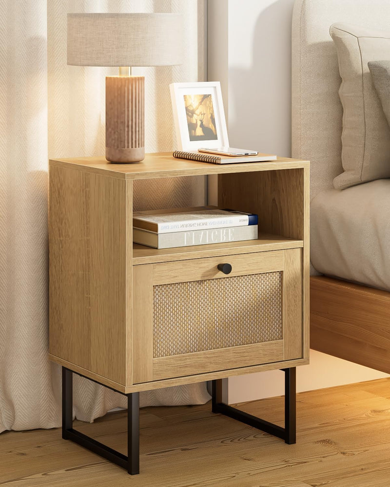 Boho Bedside Table Night Stand Rattan Wood Nightstand