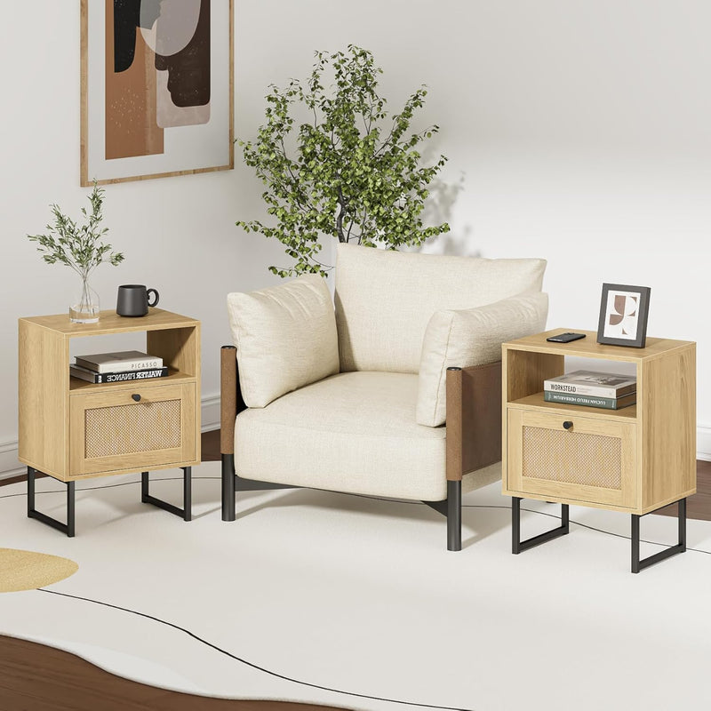 Boho Bedside Table Night Stand Rattan Wood Nightstand