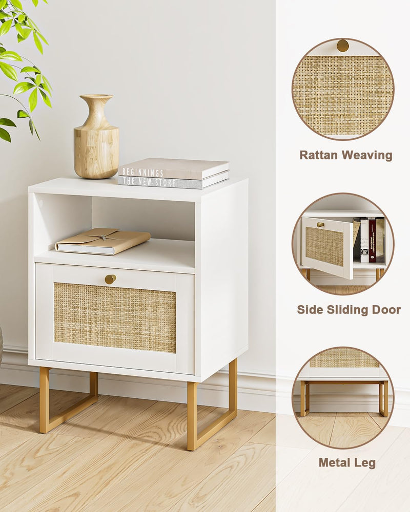 Boho Bedside Table Night Stand Rattan Wood Nightstand