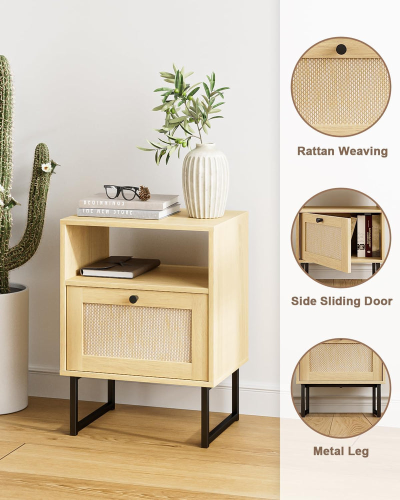 Boho Bedside Table Night Stand Rattan Wood Nightstand