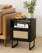 Boho Bedside Table Night Stand Rattan Wood Nightstand