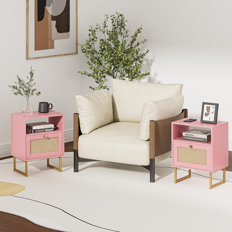 Boho Bedside Table Night Stand Rattan Wood Nightstand