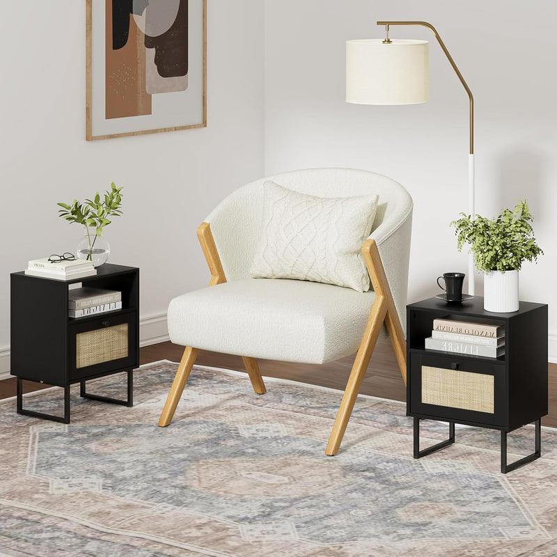Boho Bedside Table Night Stand Rattan Wood Nightstand
