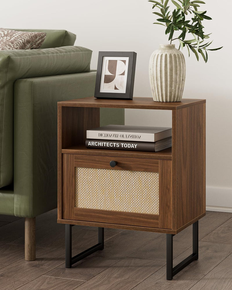 Boho Bedside Table Night Stand Rattan Wood Nightstand