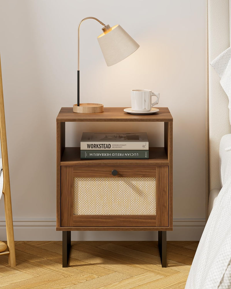 Boho Bedside Table Night Stand Rattan Wood Nightstand