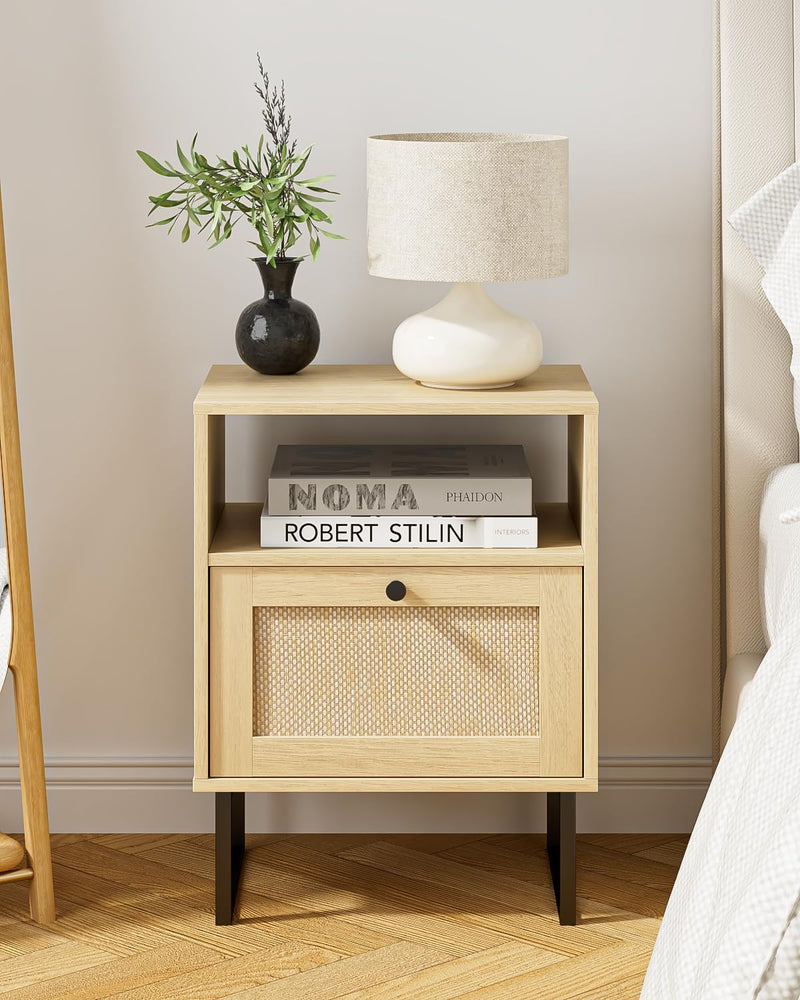 Boho Bedside Table Night Stand Rattan Wood Nightstand