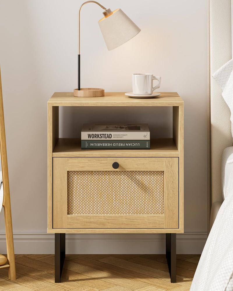 Boho Bedside Table Night Stand Rattan Wood Nightstand