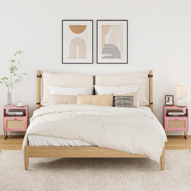 Boho Bedside Table Night Stand Rattan Wood Nightstand