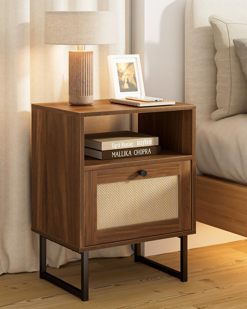 Boho Bedside Table Night Stand Rattan Wood Nightstand