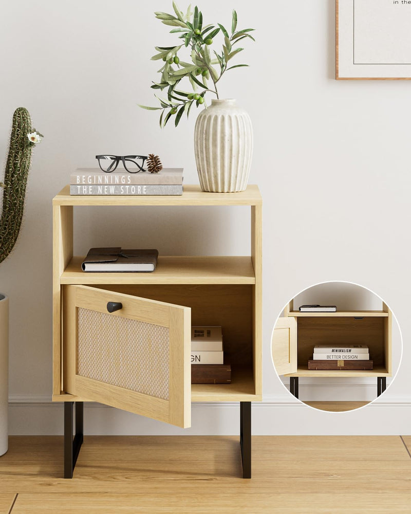 Boho Bedside Table Night Stand Rattan Wood Nightstand