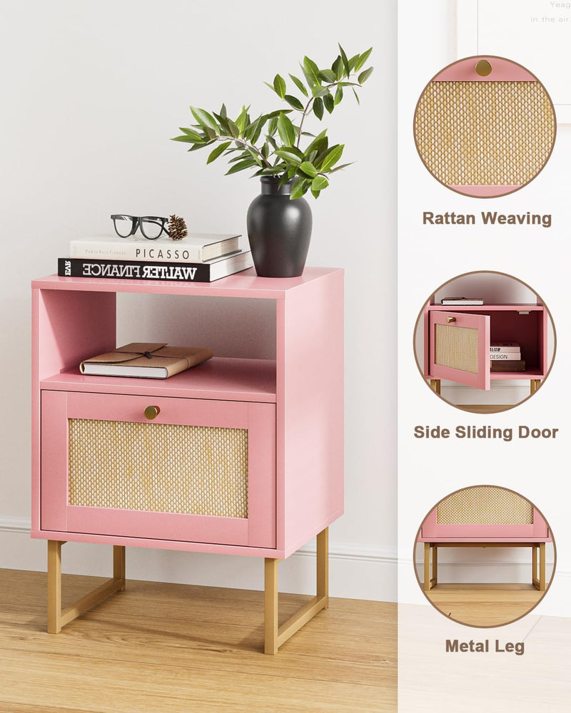 Boho Bedside Table Night Stand Rattan Wood Nightstand