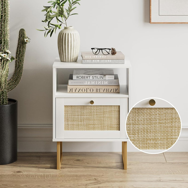 Boho Bedside Table Night Stand Rattan Wood Nightstand