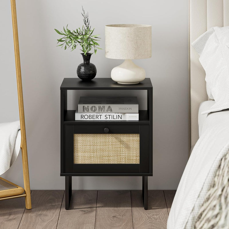 Boho Bedside Table Night Stand Rattan Wood Nightstand
