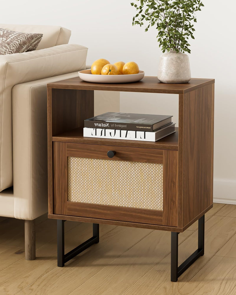 Boho Bedside Table Night Stand Rattan Wood Nightstand