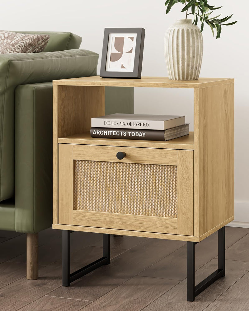 Boho Bedside Table Night Stand Rattan Wood Nightstand