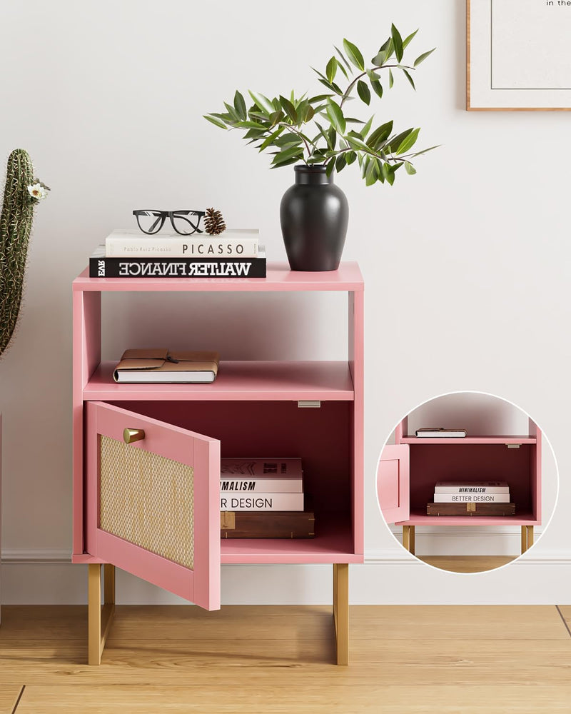 Boho Bedside Table Night Stand Rattan Wood Nightstand