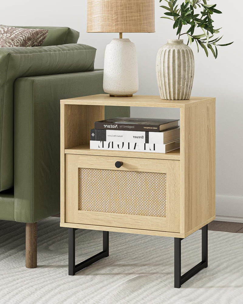 Boho Bedside Table Night Stand Rattan Wood Nightstand