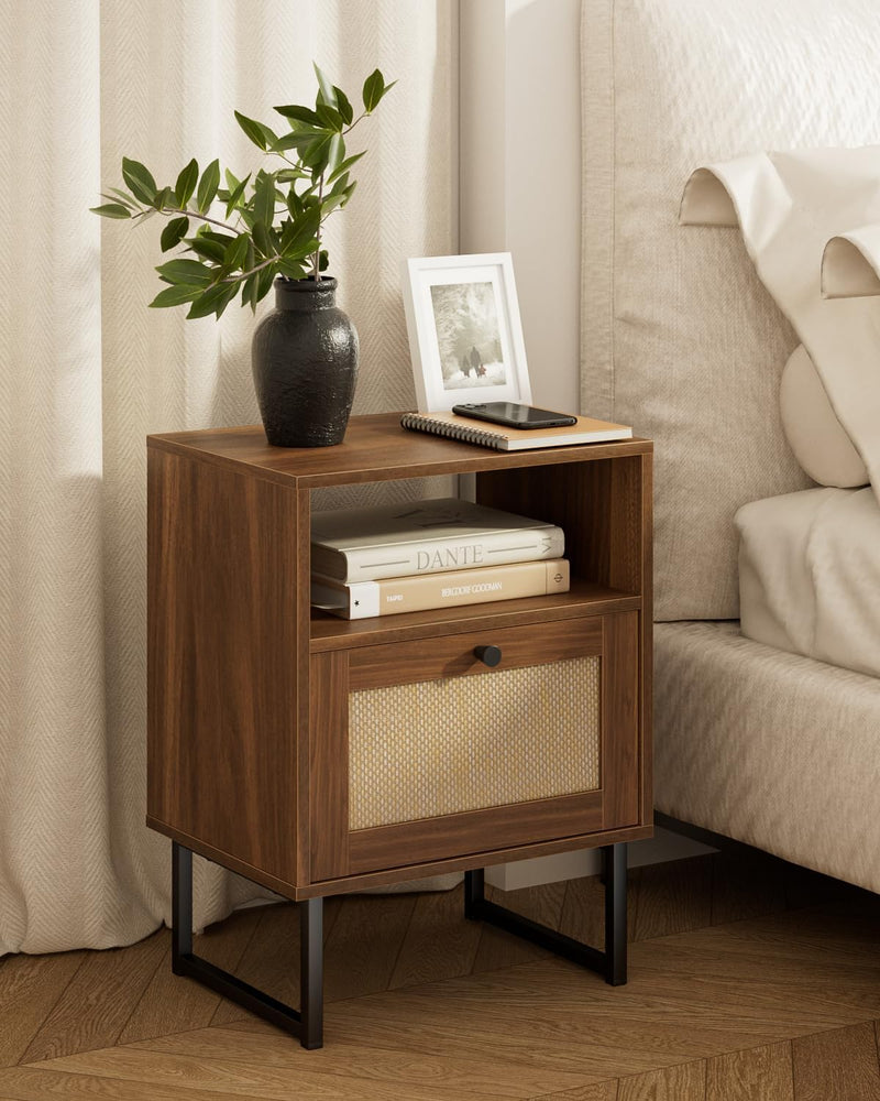 Boho Bedside Table Night Stand Rattan Wood Nightstand