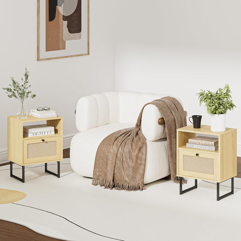 Boho Bedside Table Night Stand Rattan Wood Nightstand