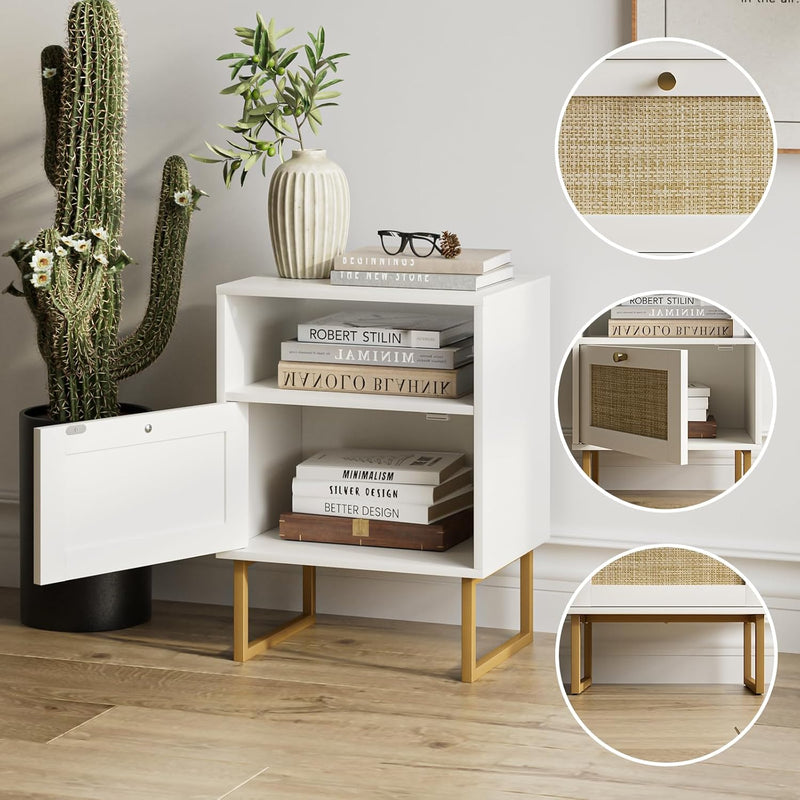 Boho Bedside Table Night Stand Rattan Wood Nightstand
