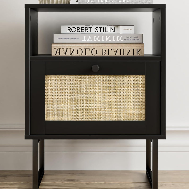 Boho Bedside Table Night Stand Rattan Wood Nightstand