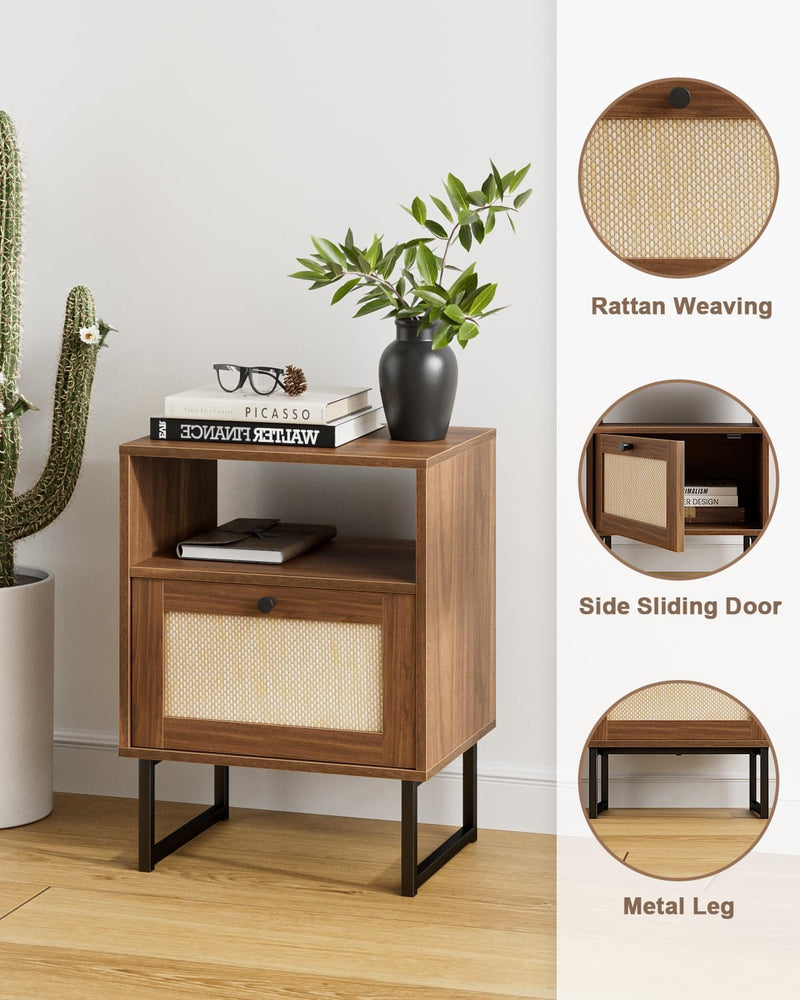 Boho Bedside Table Night Stand Rattan Wood Nightstand