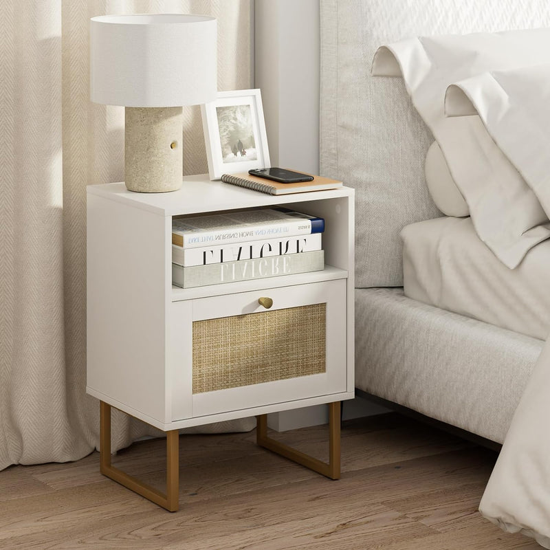 Boho Bedside Table Night Stand Rattan Wood Nightstand