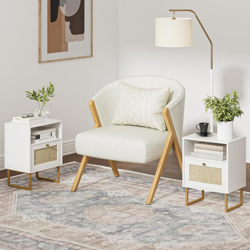 Boho Bedside Table Night Stand Rattan Wood Nightstand