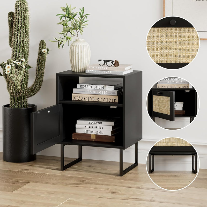 Boho Bedside Table Night Stand Rattan Wood Nightstand