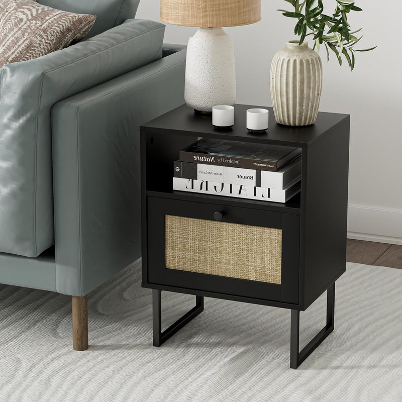 Boho Bedside Table Night Stand Rattan Wood Nightstand